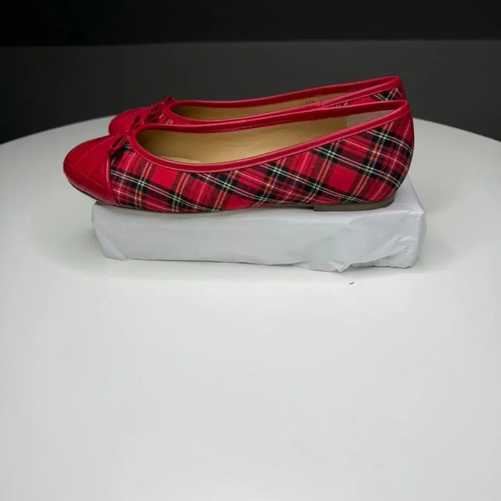 Talbots Red Plaid Ballet Flats Quilted Toe Cap Bow Flats Women’s‎ Size 9.5